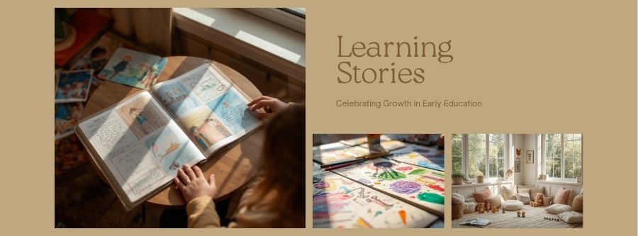 Child learning story portfolio with artwork and photographs